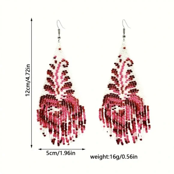Red Floral Tassel Beaded Dangle Earrings - Picture 3 of 3